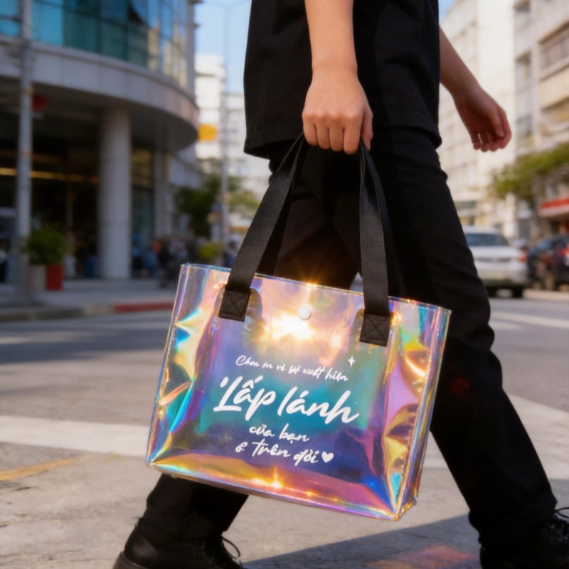 Store Name Print Resealable Bags Holographic Plastic Bag With Handles