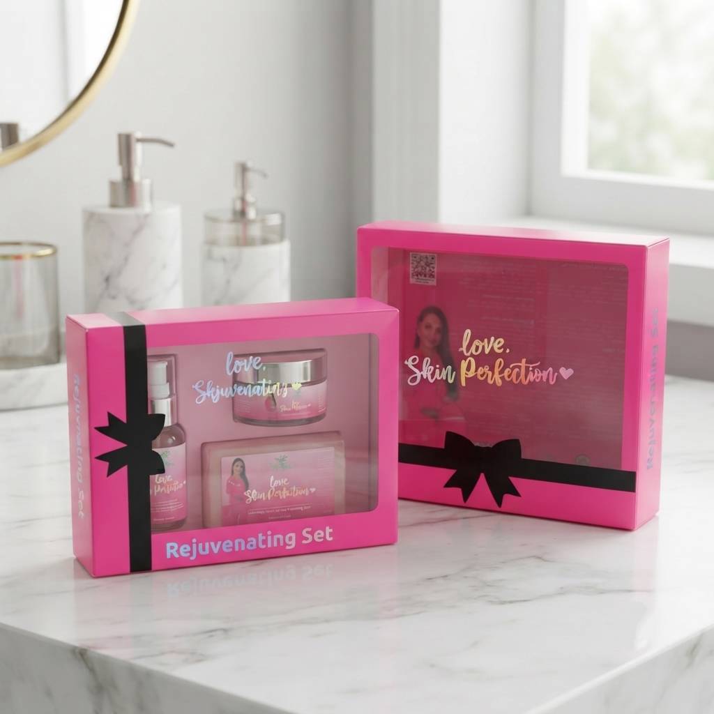 Custom Printed Pink PVC Gift Boxes with Clear Window for Skincare