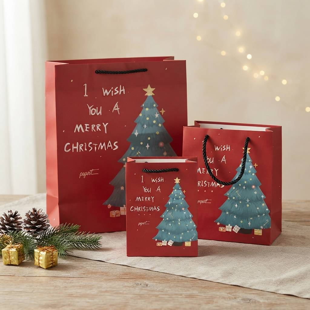 Wholesale Custom Red Christmas Paper Bags For Holiday Packaging