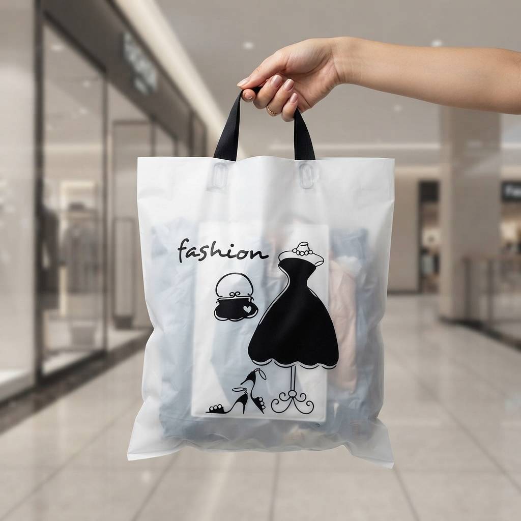 Custom Branded Translucent White Plastic Merchandise Packaging Bags With Soft Loop Handles Custom Branded Translucent White Plastic Merchandise Packaging Bags With Soft Loop Handles