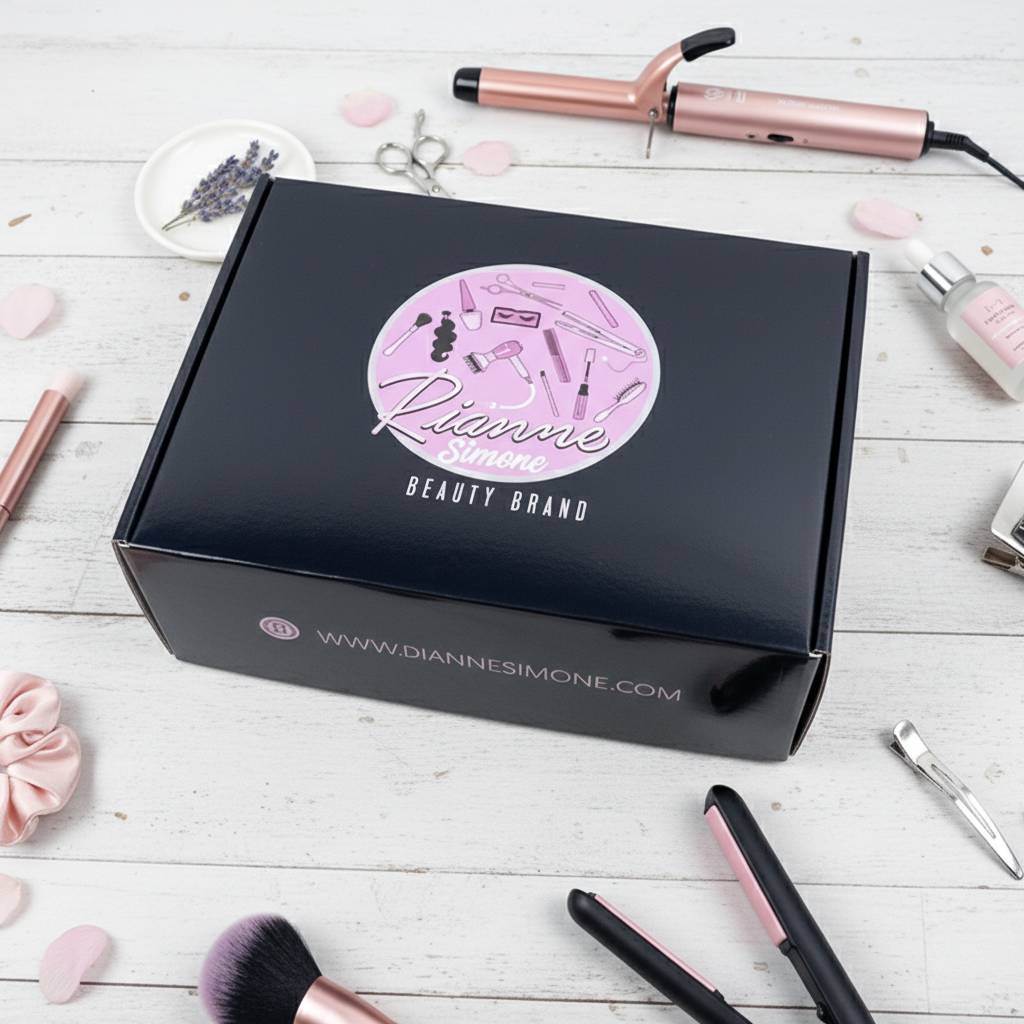 Personalized Black Corrugated Box With Custom Circular Beauty Label Personalized Black Corrugated Box With Custom Circular Beauty Label