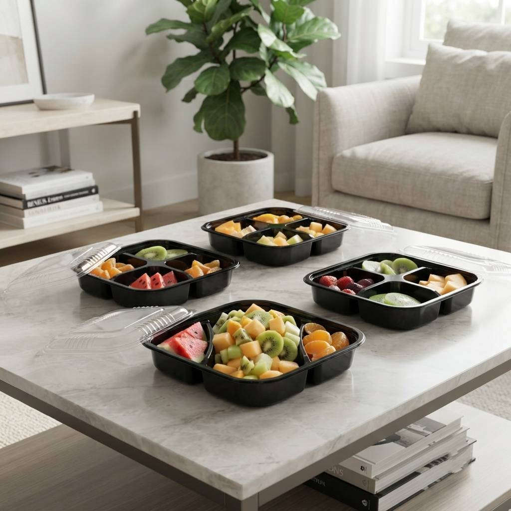 Custom Black PET Plastic Four Compartment Fruit Platter Container