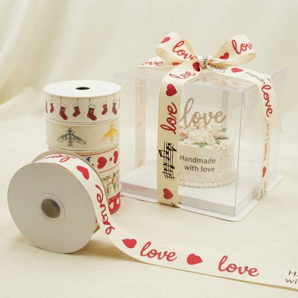 Custom Handmade With Love Red Heart Printed Fabric Ribbons