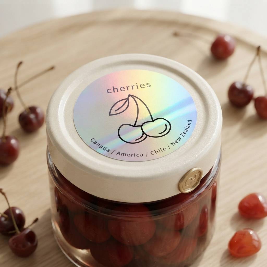 Custom Holographic Cherry Themed Circle Stickers For Fruit Packaging