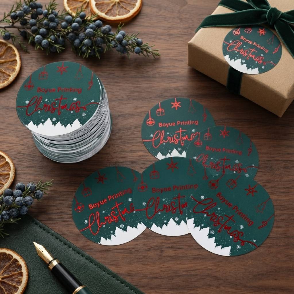 Custom Christmas Foil Stamping Circle Stickers For Holiday Gift Boxes