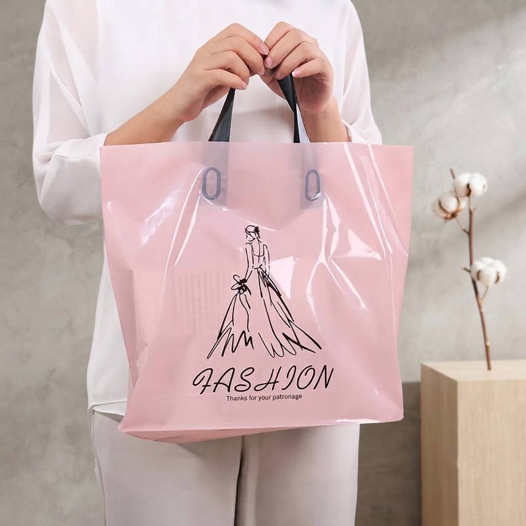 Custom Printed Pink Plastic Shopping Bags With Soft Loop Handles Custom Printed Pink Plastic Shopping Bags With Soft Loop Handles