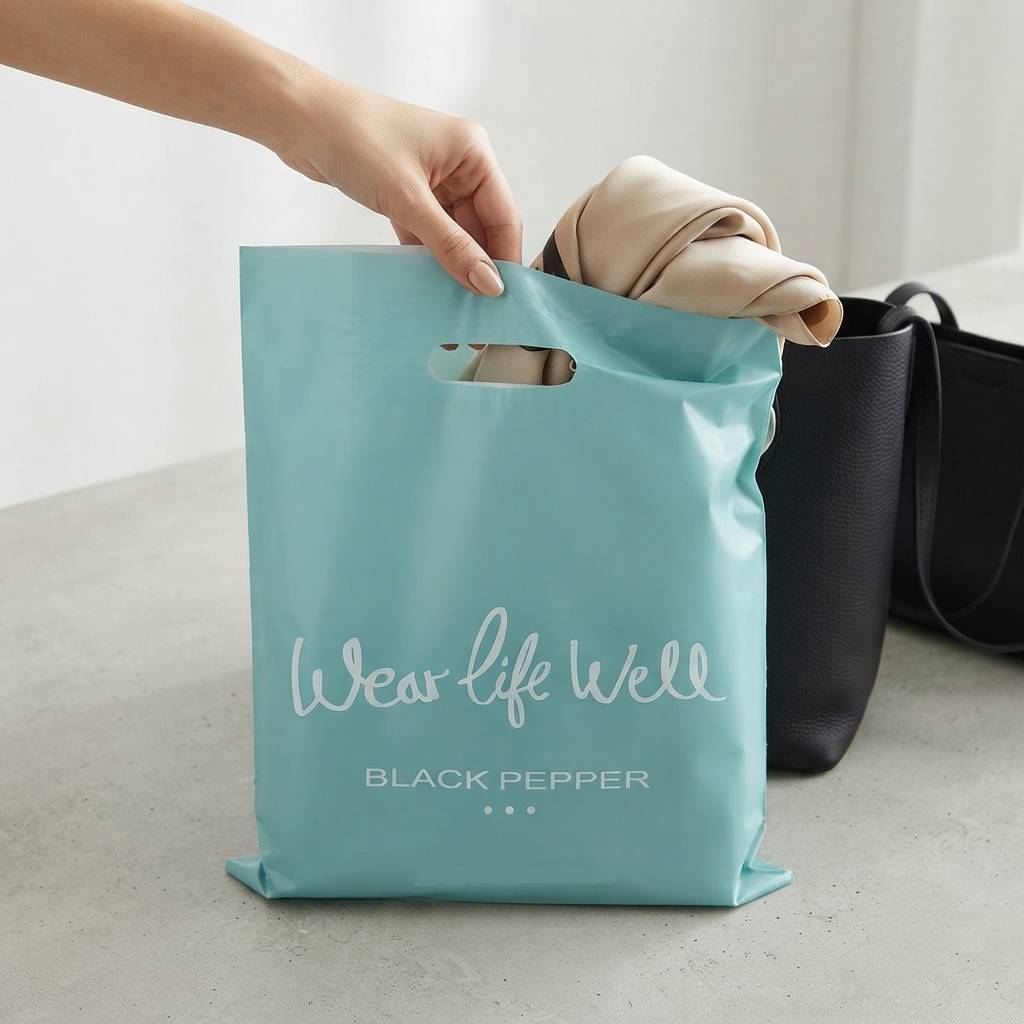 Custom Blue Plastic Merchandise Bags With Minimalist Brand Printing Custom Blue Plastic Merchandise Bags With Minimalist Brand Printing