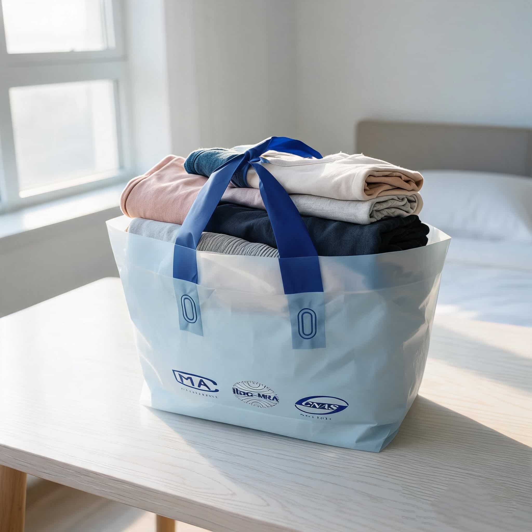 Personalized Waterproof Plastic Merchandise Bags With Blue Loop Handles Personalized Waterproof Plastic Merchandise Bags With Blue Loop Handles